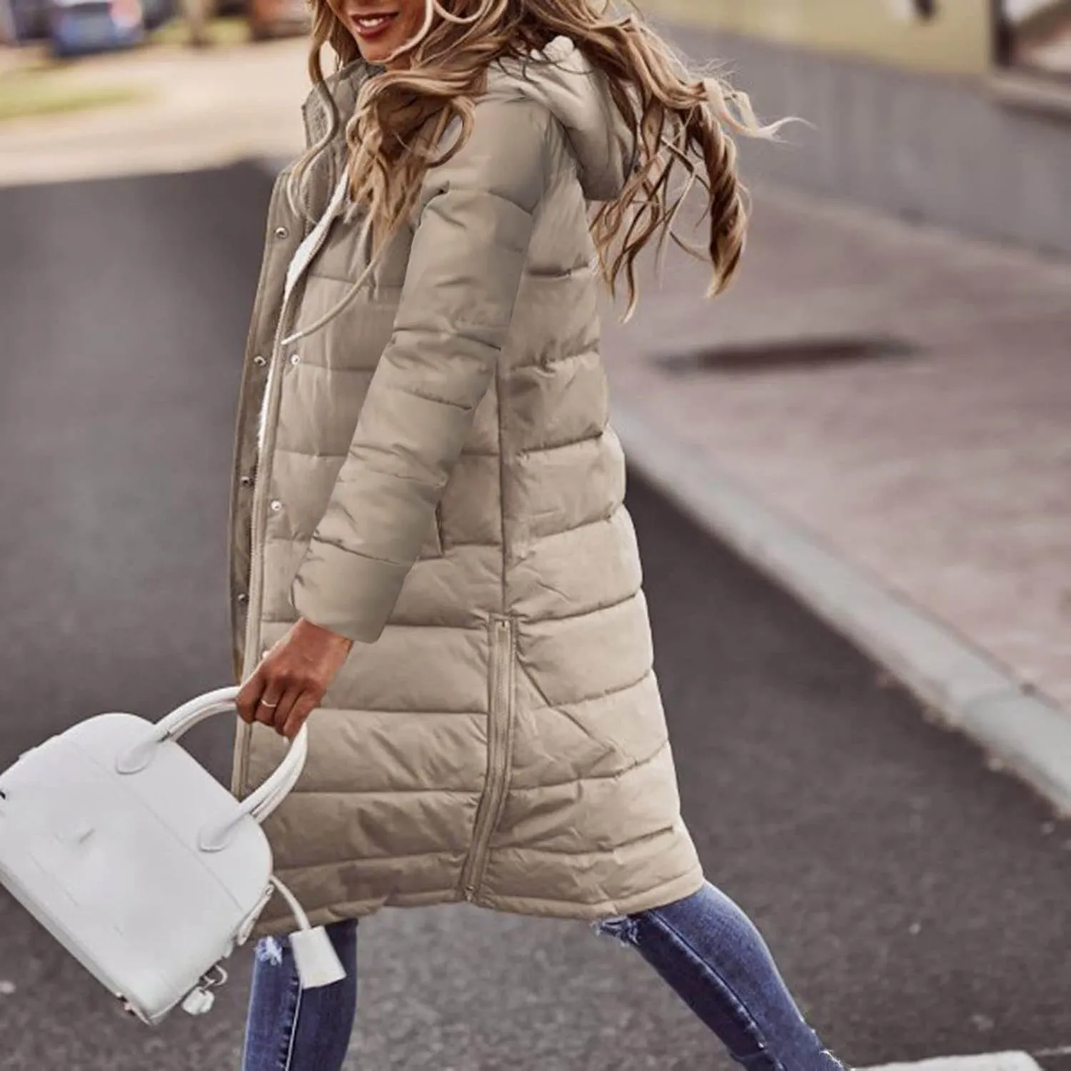 Womens Long Puffer Coats Long Sleeve Hooded Down Jacket Oversized Quilted Zip up Warm Winter Outwear with Pockets