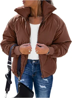 Women's Long Sleeve Zip Up Puffer Jackets Winter Quilted Short Down Coats with Pockets
