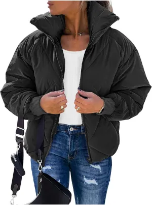 Women's Long Sleeve Zip Up Puffer Jackets Winter Quilted Short Down Coats with Pockets