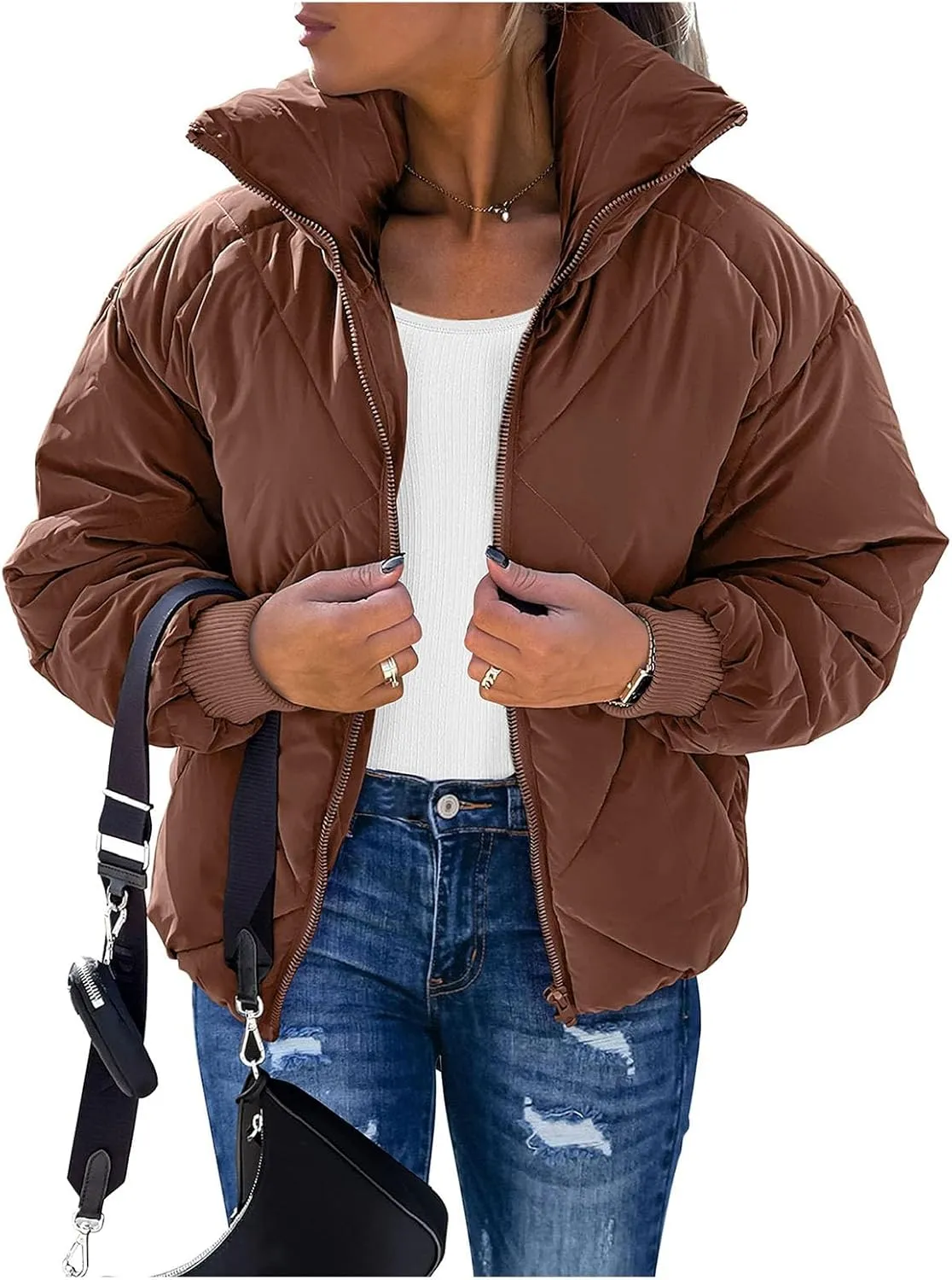 Women's Long Sleeve Zip Up Puffer Jackets Winter Quilted Short Down Coats with Pockets