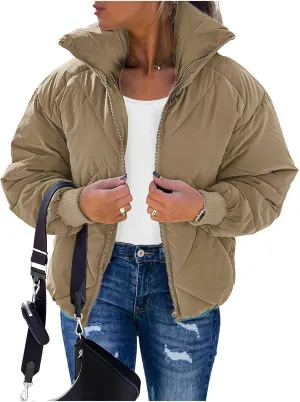 Women's Long Sleeve Zip Up Puffer Jackets Winter Quilted Short Down Coats with Pockets