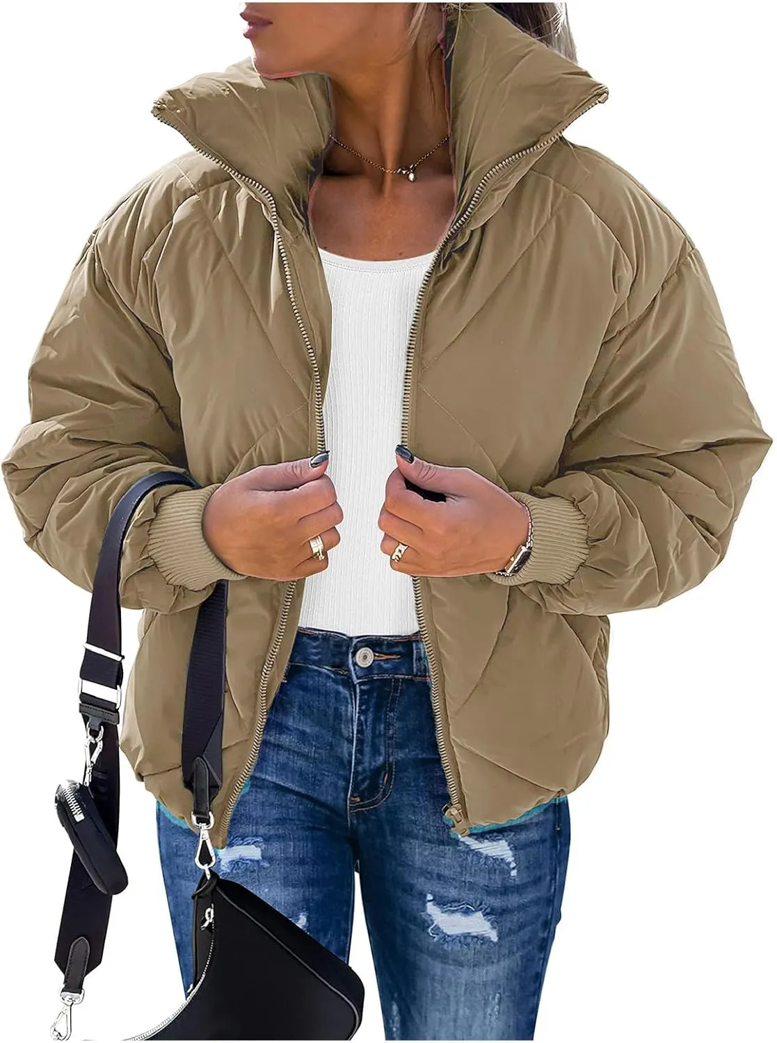 Women's Long Sleeve Zip Up Puffer Jackets Winter Quilted Short Down Coats with Pockets