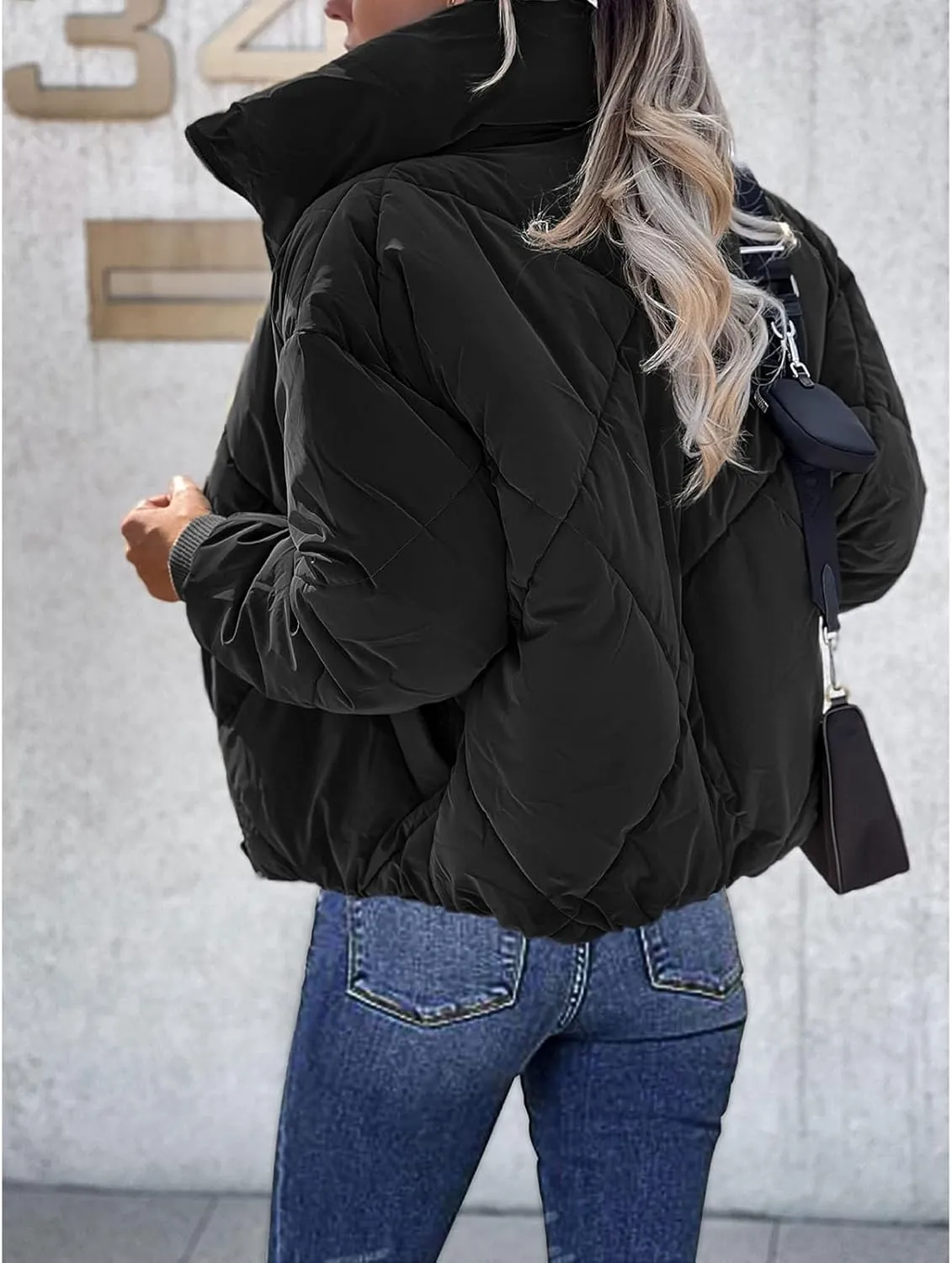 Women's Long Sleeve Zip Up Puffer Jackets Winter Quilted Short Down Coats with Pockets