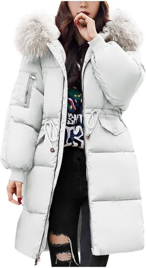 Womens Mid-Length Puffer Coats Zipper Trendy Puffy Parkas with Faux Fur Hood Winter Warm Jacket Coats with Pockets