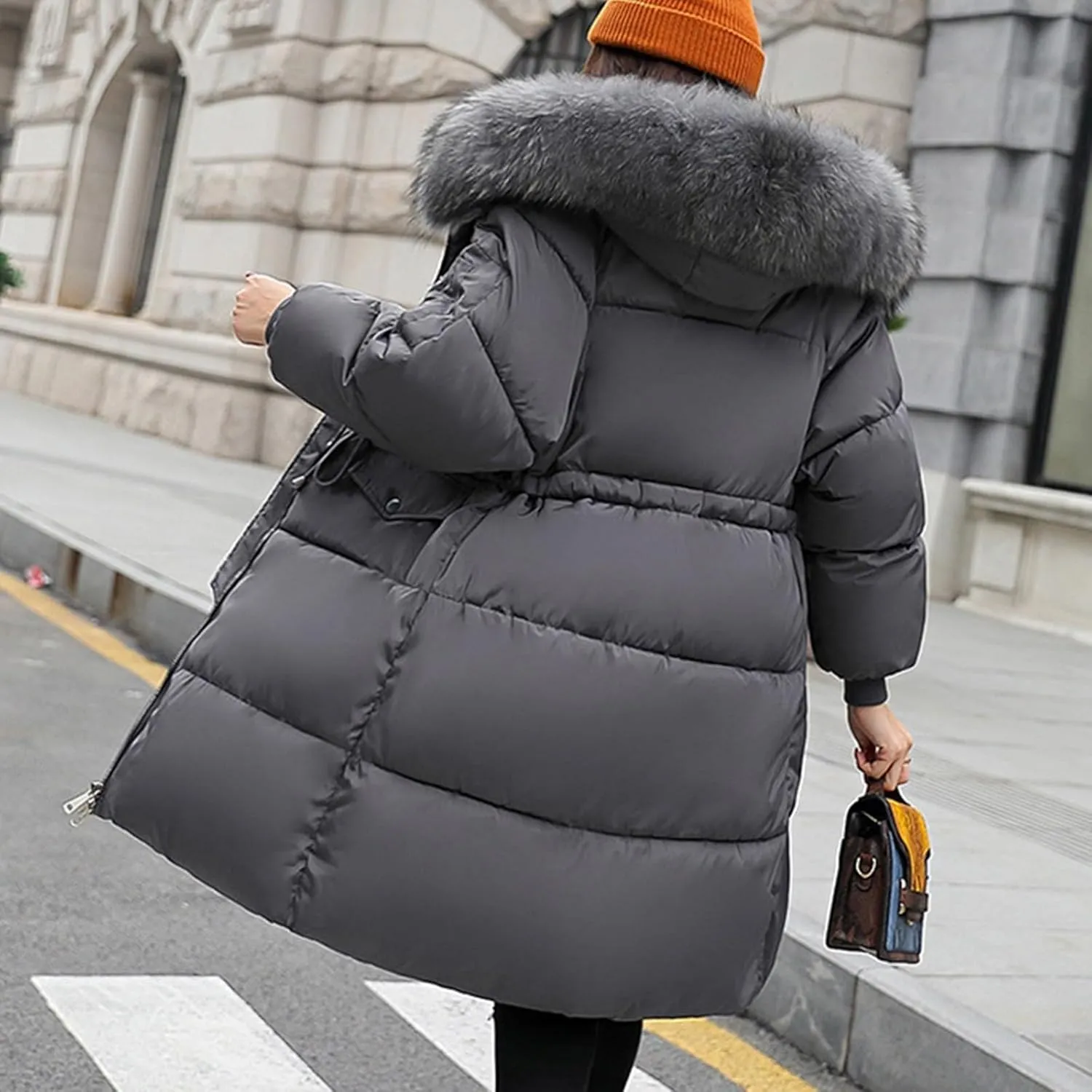 Womens Mid-Length Puffer Coats Zipper Trendy Puffy Parkas with Faux Fur Hood Winter Warm Jacket Coats with Pockets