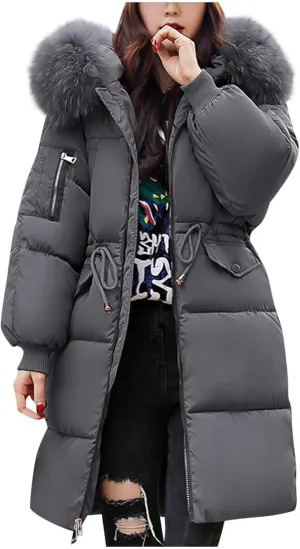 Womens Mid-Length Puffer Coats Zipper Trendy Puffy Parkas with Faux Fur Hood Winter Warm Jacket Coats with Pockets