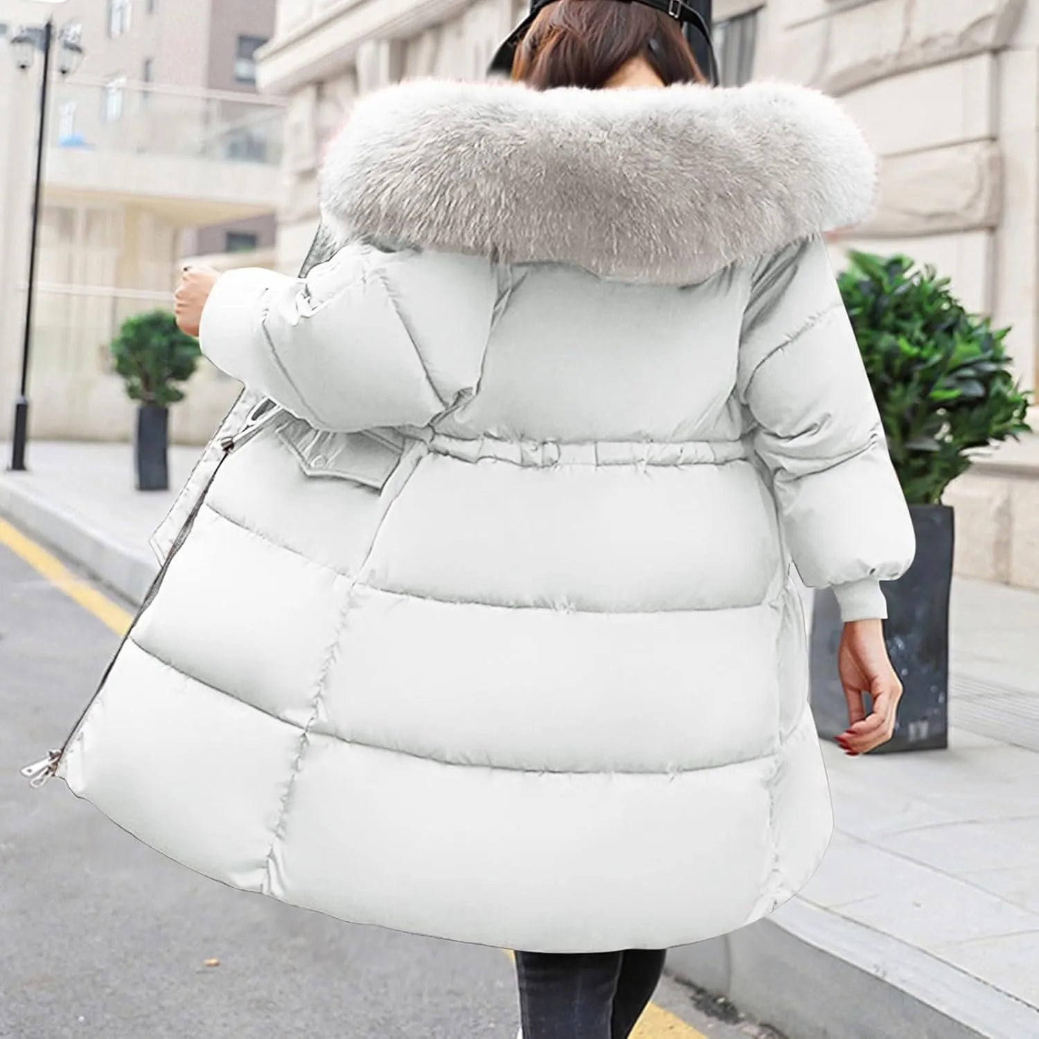 Womens Mid-Length Puffer Coats Zipper Trendy Puffy Parkas with Faux Fur Hood Winter Warm Jacket Coats with Pockets