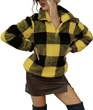 Womens Plaid Fuzzy Fleece Sweatshirt Half Zip Up Stand Collar Sherpa Pullover Tops Winter Comfy Fluffy Outerwear