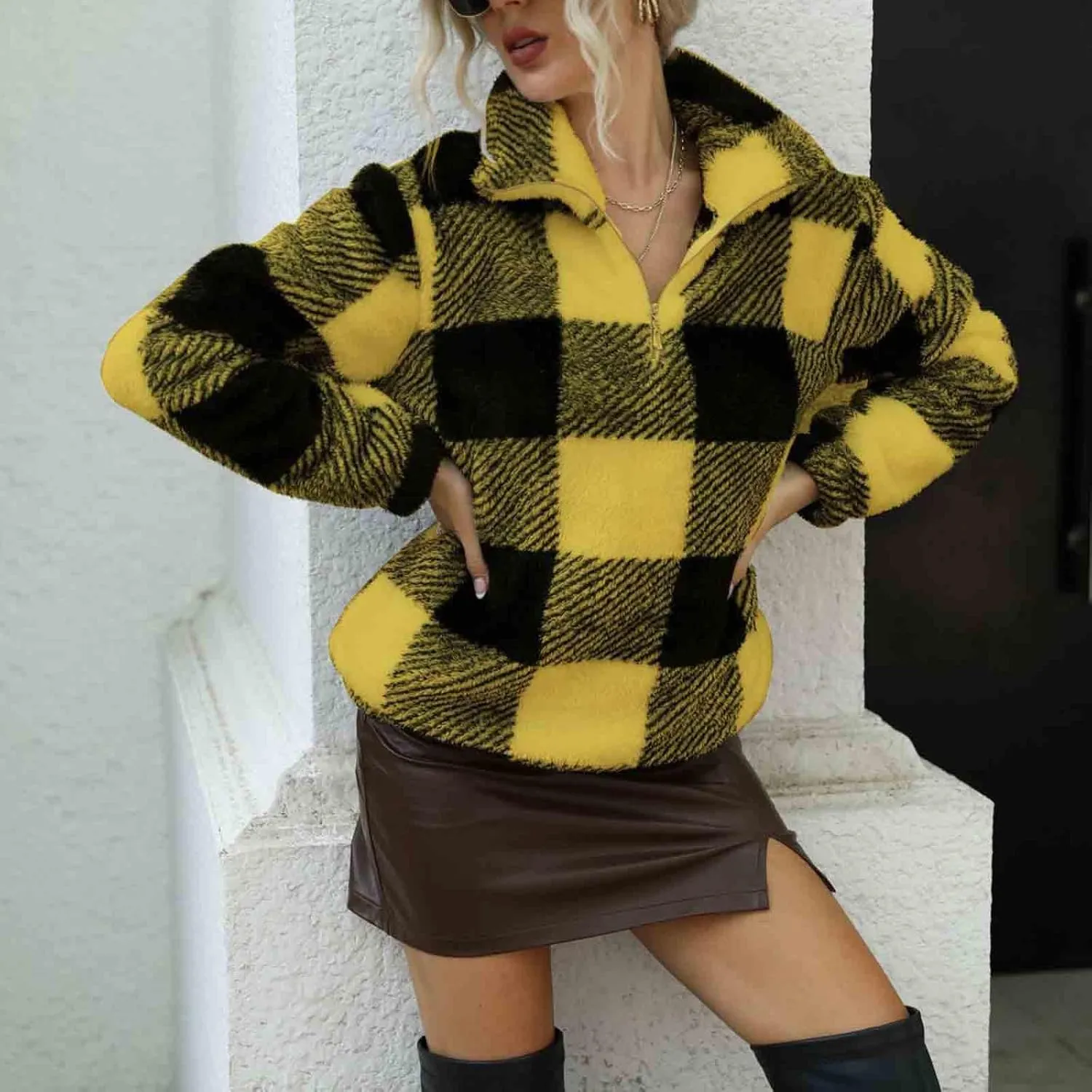 Womens Plaid Fuzzy Fleece Sweatshirt Half Zip Up Stand Collar Sherpa Pullover Tops Winter Comfy Fluffy Outerwear