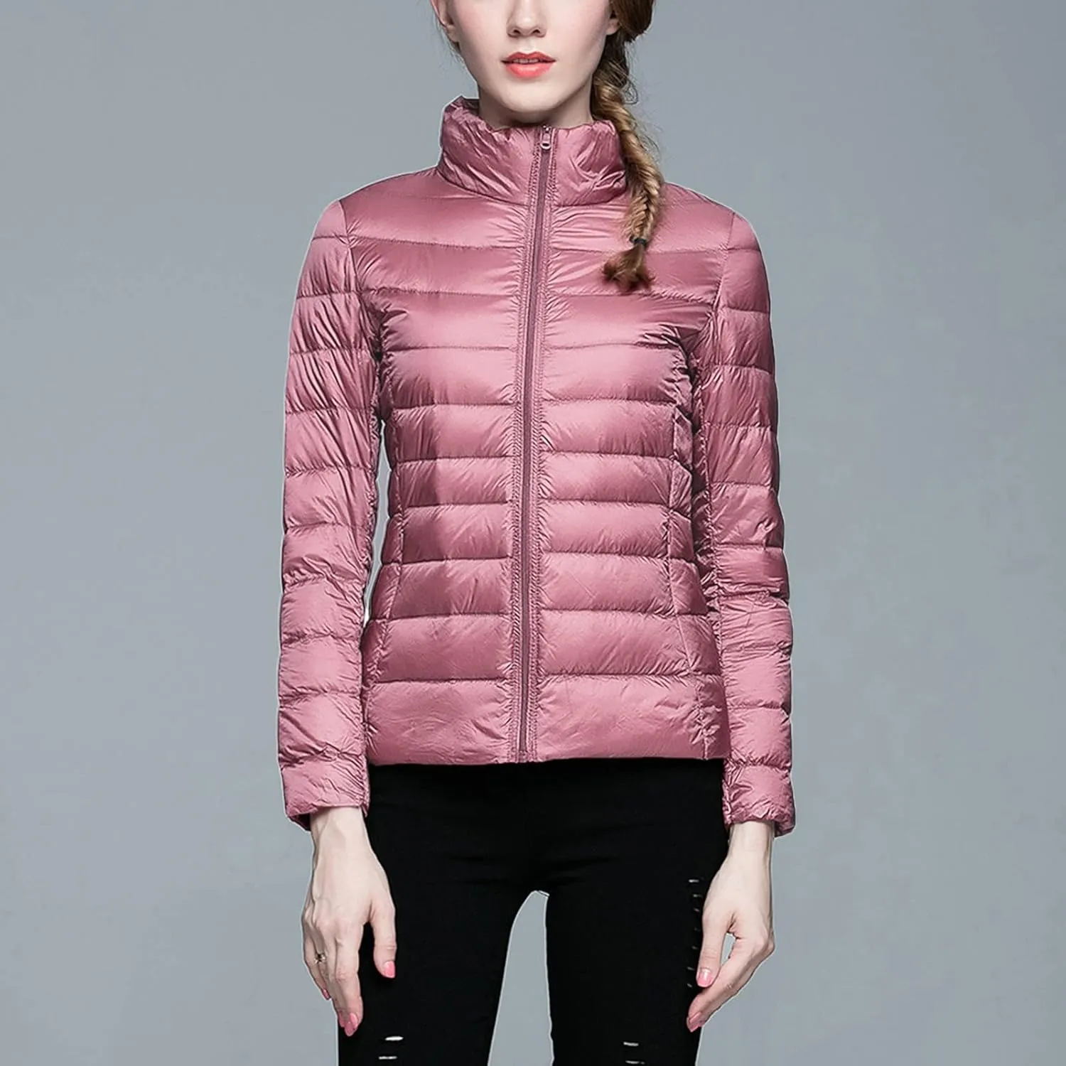 Womens Puffer Coat Light Weight Down Coats Slimming Zip Up Outerwear Warm Jacket Winter 2023 Solid Color Down Jacket