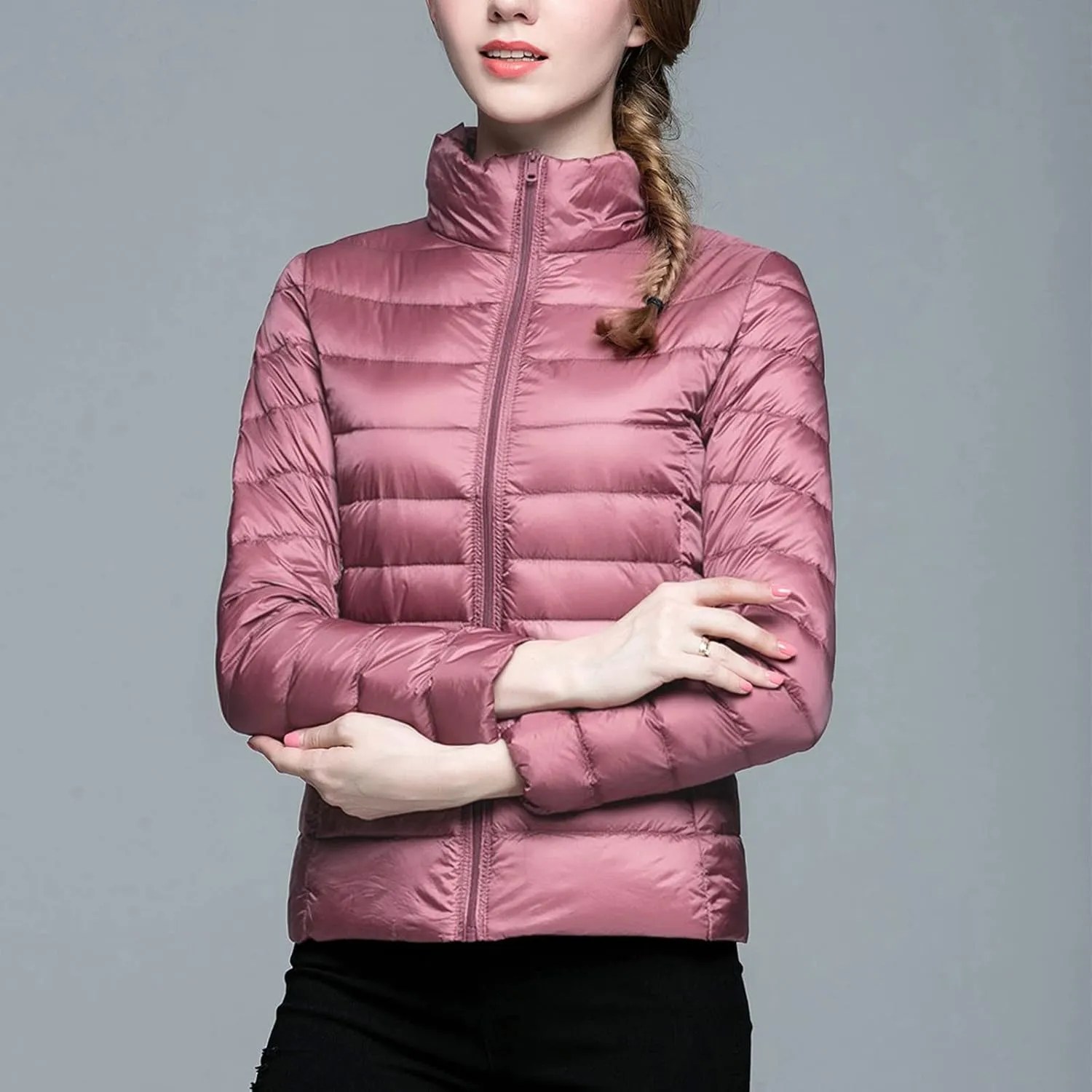 Womens Puffer Coat Light Weight Down Coats Slimming Zip Up Outerwear Warm Jacket Winter 2023 Solid Color Down Jacket