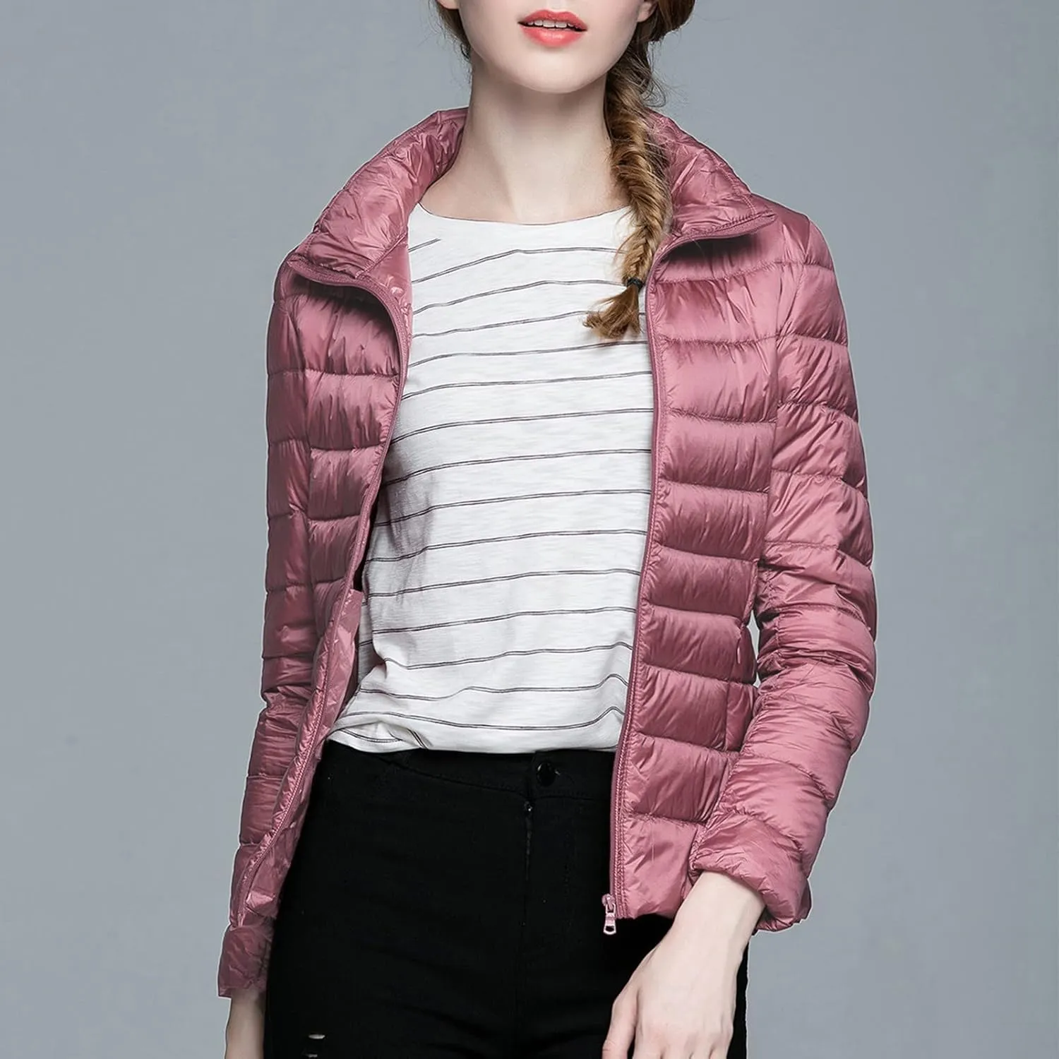 Womens Puffer Coat Light Weight Down Coats Slimming Zip Up Outerwear Warm Jacket Winter 2023 Solid Color Down Jacket