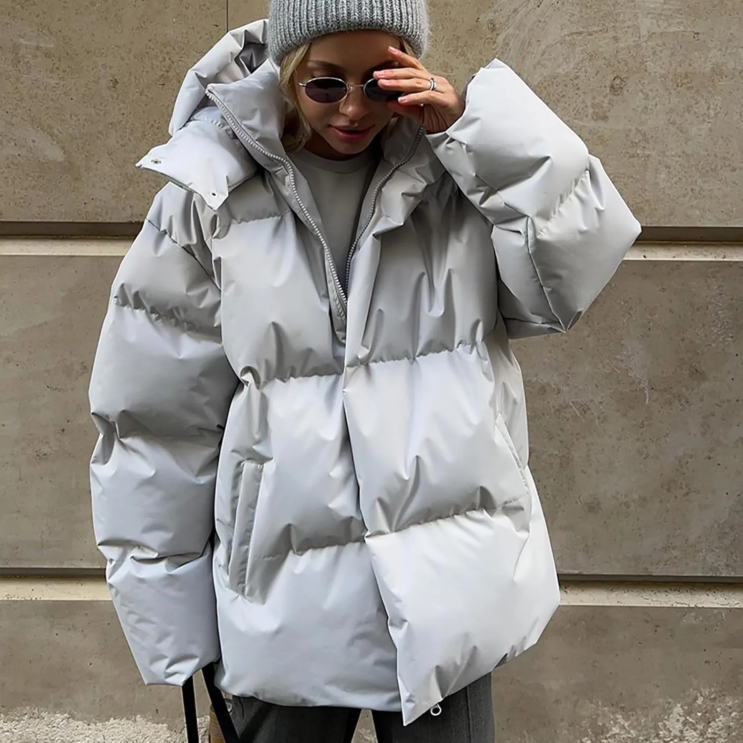 Womens Quilted Puffer Coat Winter Oversized Padded Down Jacket Stand Collar Warm Heavyweight Outerwear with Pockets