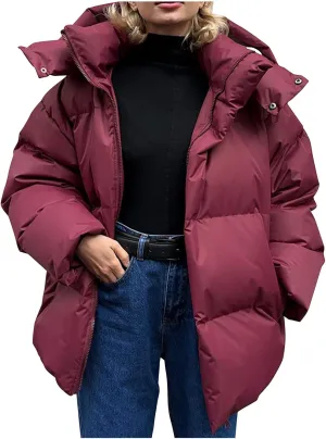 Womens Quilted Puffer Coat Winter Oversized Padded Down Jacket Stand Collar Warm Heavyweight Outerwear with Pockets