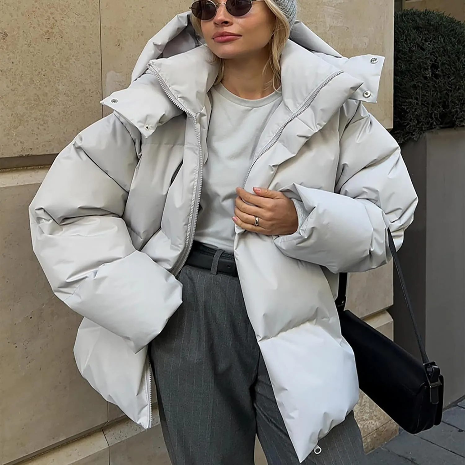 Womens Quilted Puffer Coat Winter Oversized Padded Down Jacket Stand Collar Warm Heavyweight Outerwear with Pockets