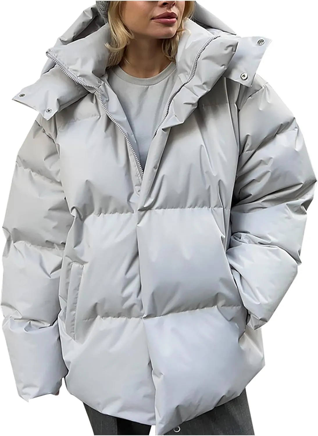 Womens Quilted Puffer Coat Winter Oversized Padded Down Jacket Stand Collar Warm Heavyweight Outerwear with Pockets
