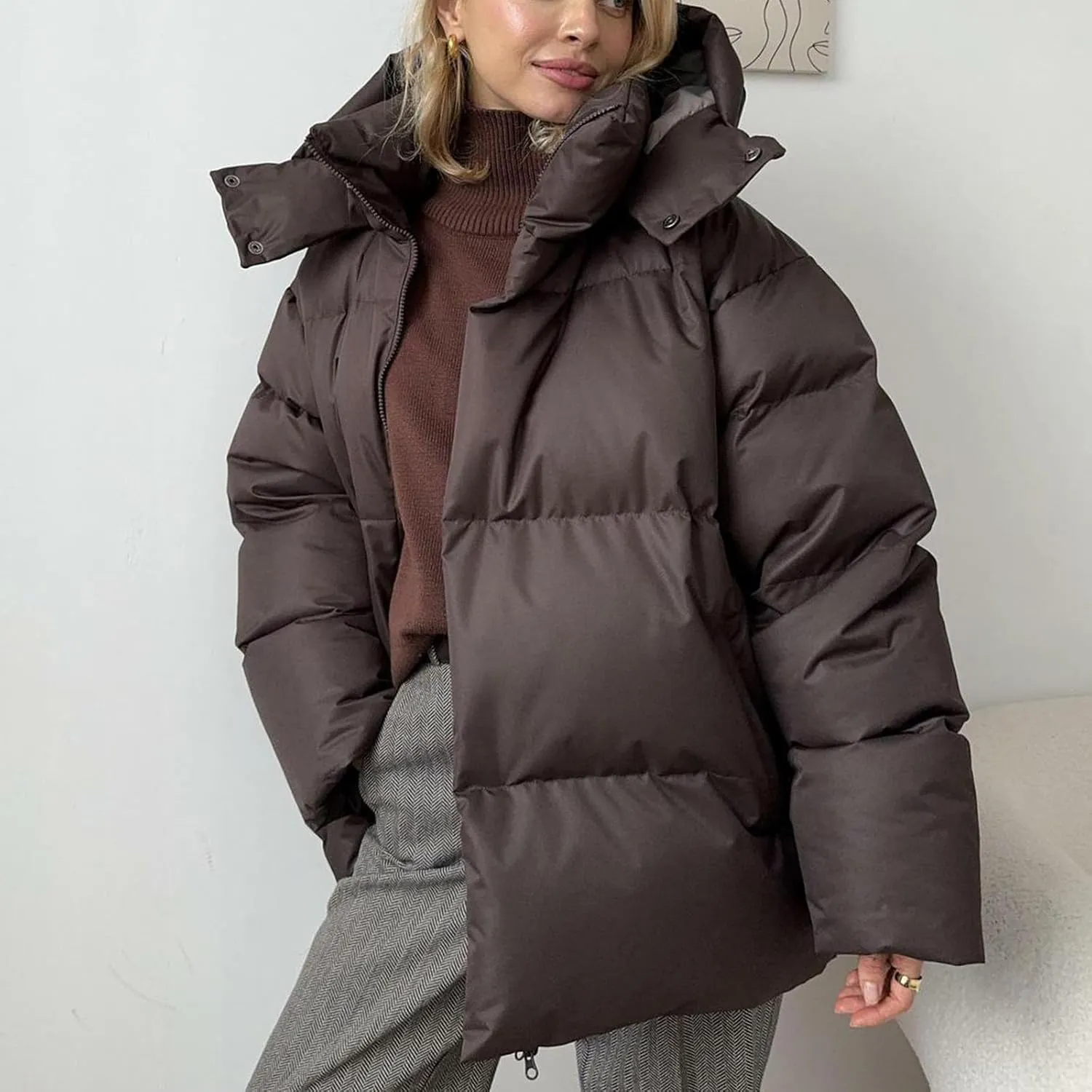 Womens Quilted Puffer Coat Winter Oversized Padded Down Jacket Stand Collar Warm Heavyweight Outerwear with Pockets