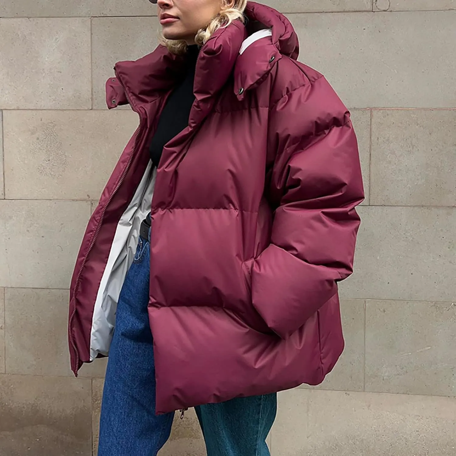 Womens Quilted Puffer Coat Winter Oversized Padded Down Jacket Stand Collar Warm Heavyweight Outerwear with Pockets