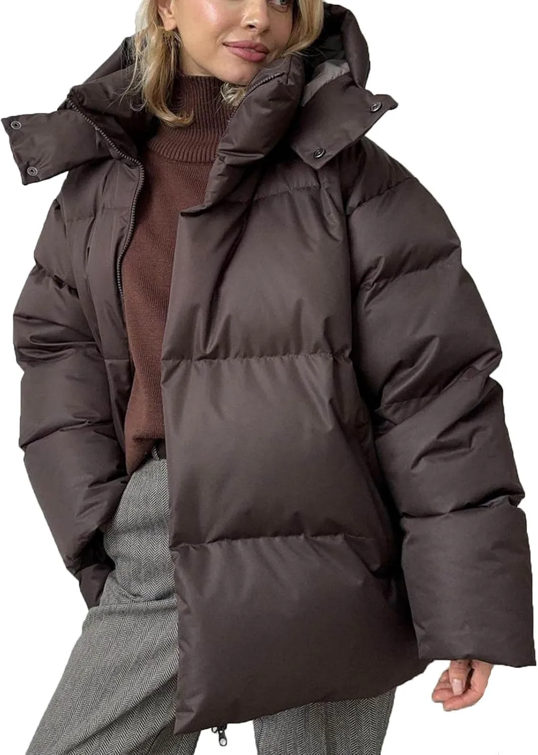 Womens Quilted Puffer Coat Winter Oversized Padded Down Jacket Stand Collar Warm Heavyweight Outerwear with Pockets