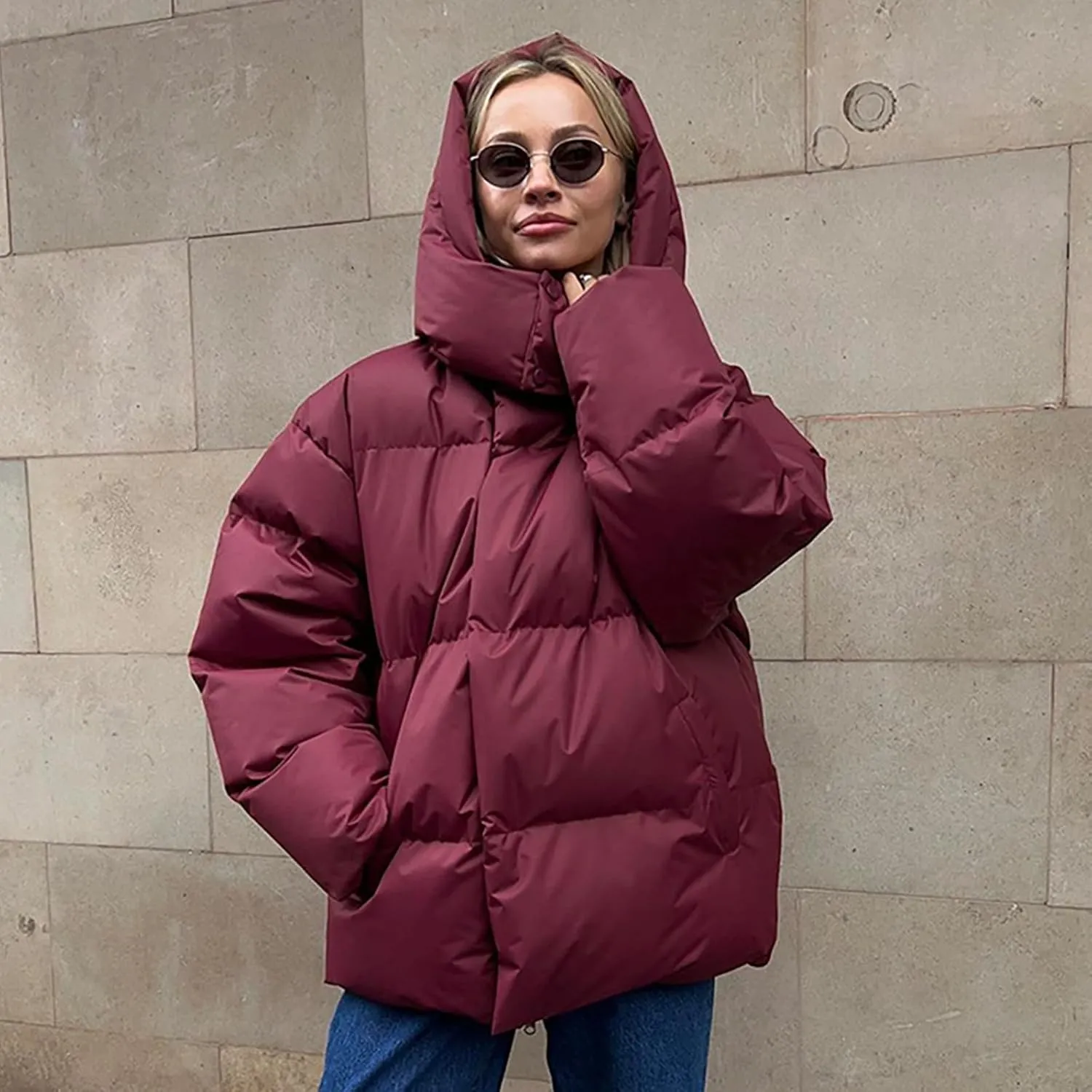 Womens Quilted Puffer Coat Winter Oversized Padded Down Jacket Stand Collar Warm Heavyweight Outerwear with Pockets