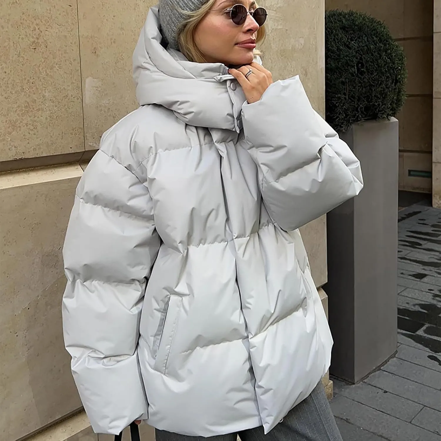 Womens Quilted Puffer Coat Winter Oversized Padded Down Jacket Stand Collar Warm Heavyweight Outerwear with Pockets