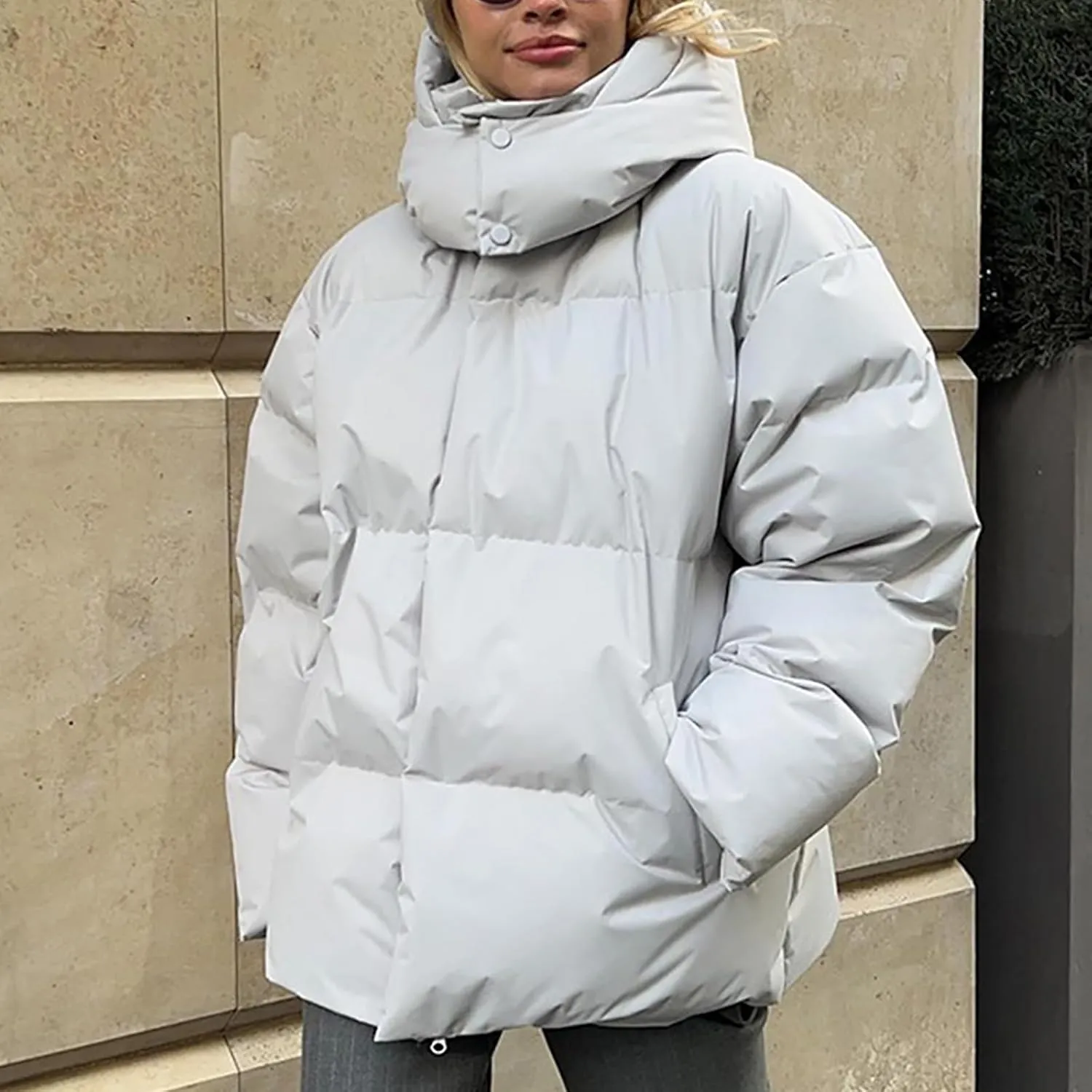 Womens Quilted Puffer Coat Winter Oversized Padded Down Jacket Stand Collar Warm Heavyweight Outerwear with Pockets