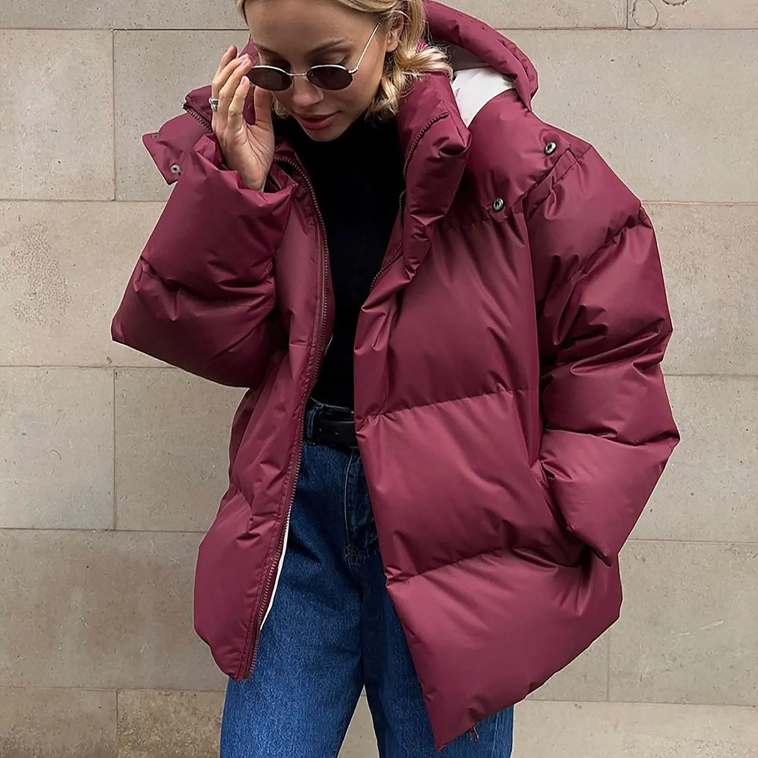 Womens Quilted Puffer Coat Winter Oversized Padded Down Jacket Stand Collar Warm Heavyweight Outerwear with Pockets