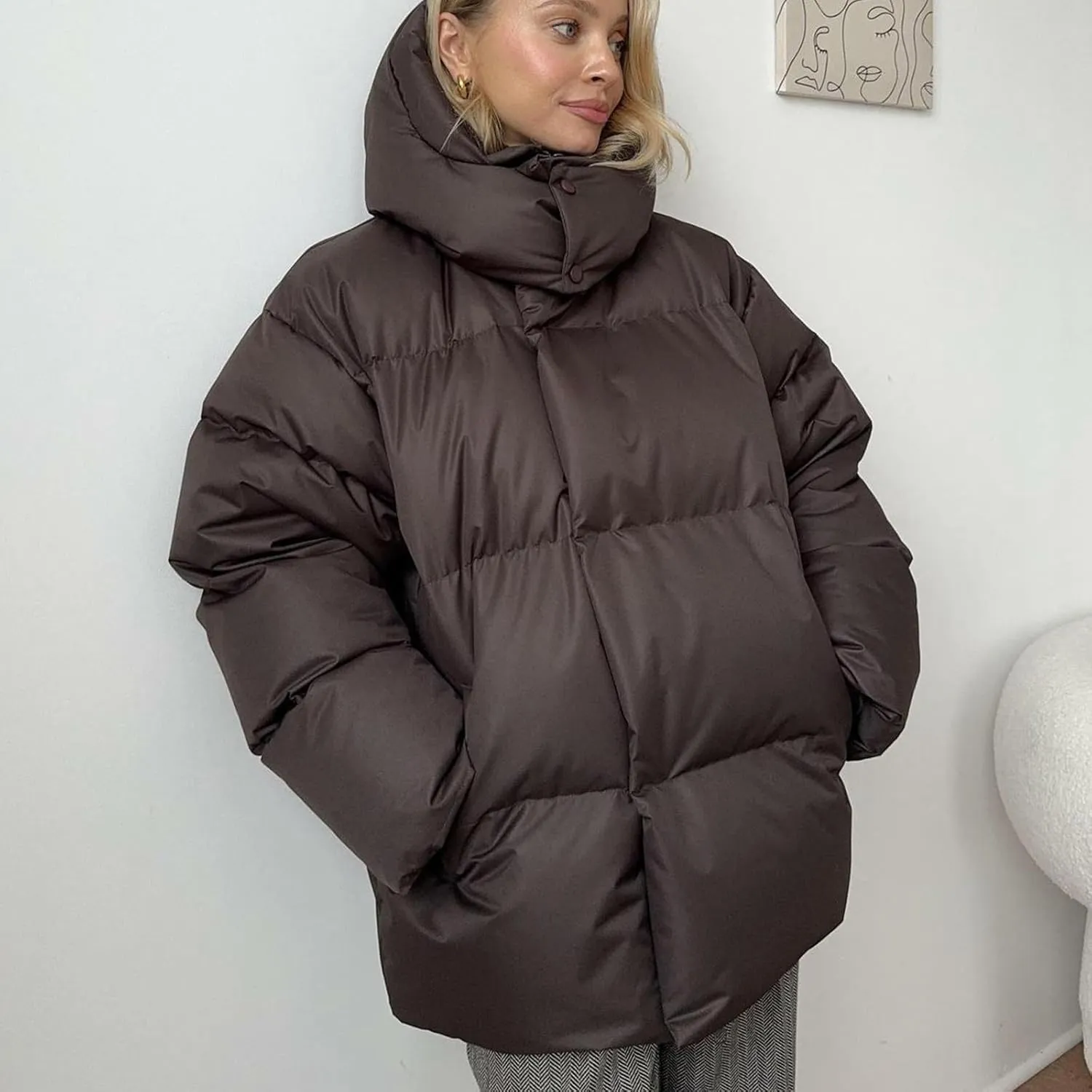 Womens Quilted Puffer Coat Winter Oversized Padded Down Jacket Stand Collar Warm Heavyweight Outerwear with Pockets