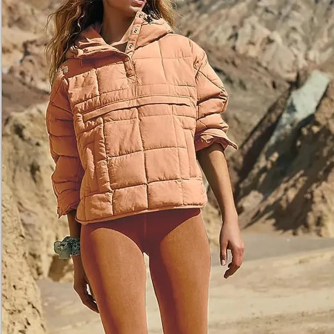 Women's Quilted Pullover Puffer Jacket Oversized Winter Warm Lightweight Long Sleeve Hooded Coats Outwear with Pocket