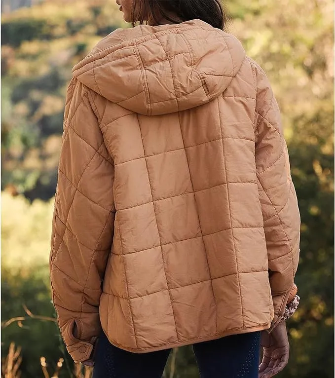 Women's Quilted Pullover Puffer Jacket Oversized Winter Warm Lightweight Long Sleeve Hooded Coats Outwear with Pocket