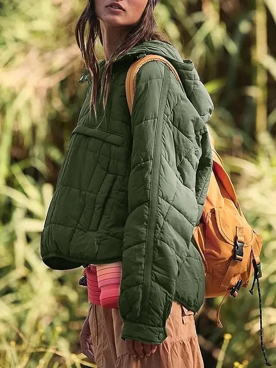 Women's Quilted Pullover Puffer Jacket Oversized Winter Warm Lightweight Long Sleeve Hooded Coats Outwear with Pocket