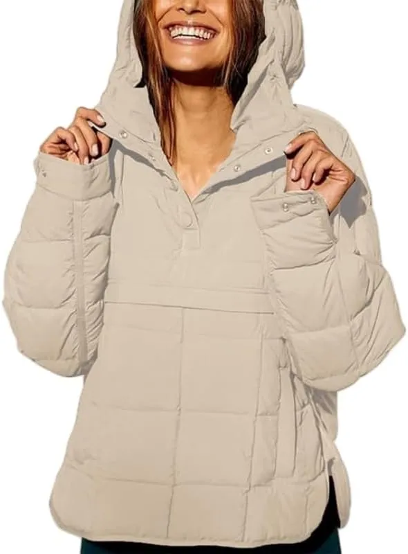 Women's Quilted Pullover Puffer Jacket Oversized Winter Warm Lightweight Long Sleeve Hooded Coats Outwear with Pocket