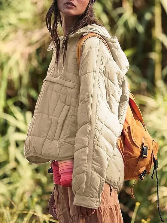 Women's Quilted Pullover Puffer Jacket Oversized Winter Warm Lightweight Long Sleeve Hooded Coats Outwear with Pocket