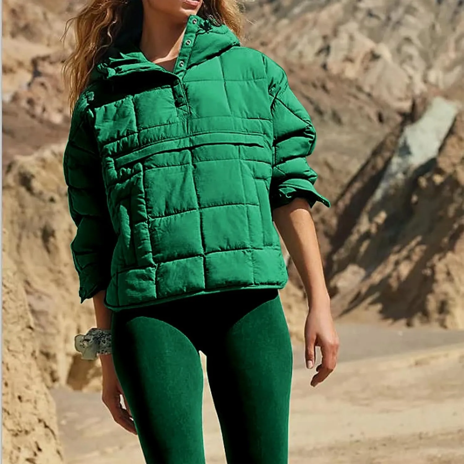 Women's Quilted Pullover Puffer Jacket Oversized Winter Warm Lightweight Long Sleeve Hooded Coats Outwear with Pocket