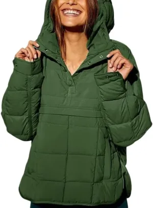 Women's Quilted Pullover Puffer Jacket Oversized Winter Warm Lightweight Long Sleeve Hooded Coats Outwear with Pocket