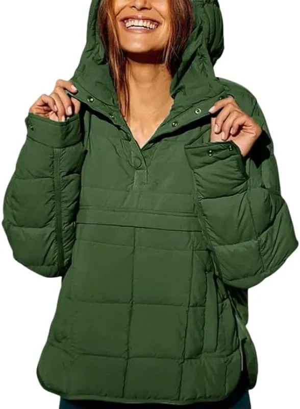Women's Quilted Pullover Puffer Jacket Oversized Winter Warm Lightweight Long Sleeve Hooded Coats Outwear with Pocket