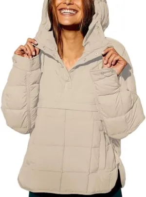 Women's Quilted Pullover Puffer Jacket Oversized Winter Warm Lightweight Long Sleeve Hooded Coats Outwear with Pocket