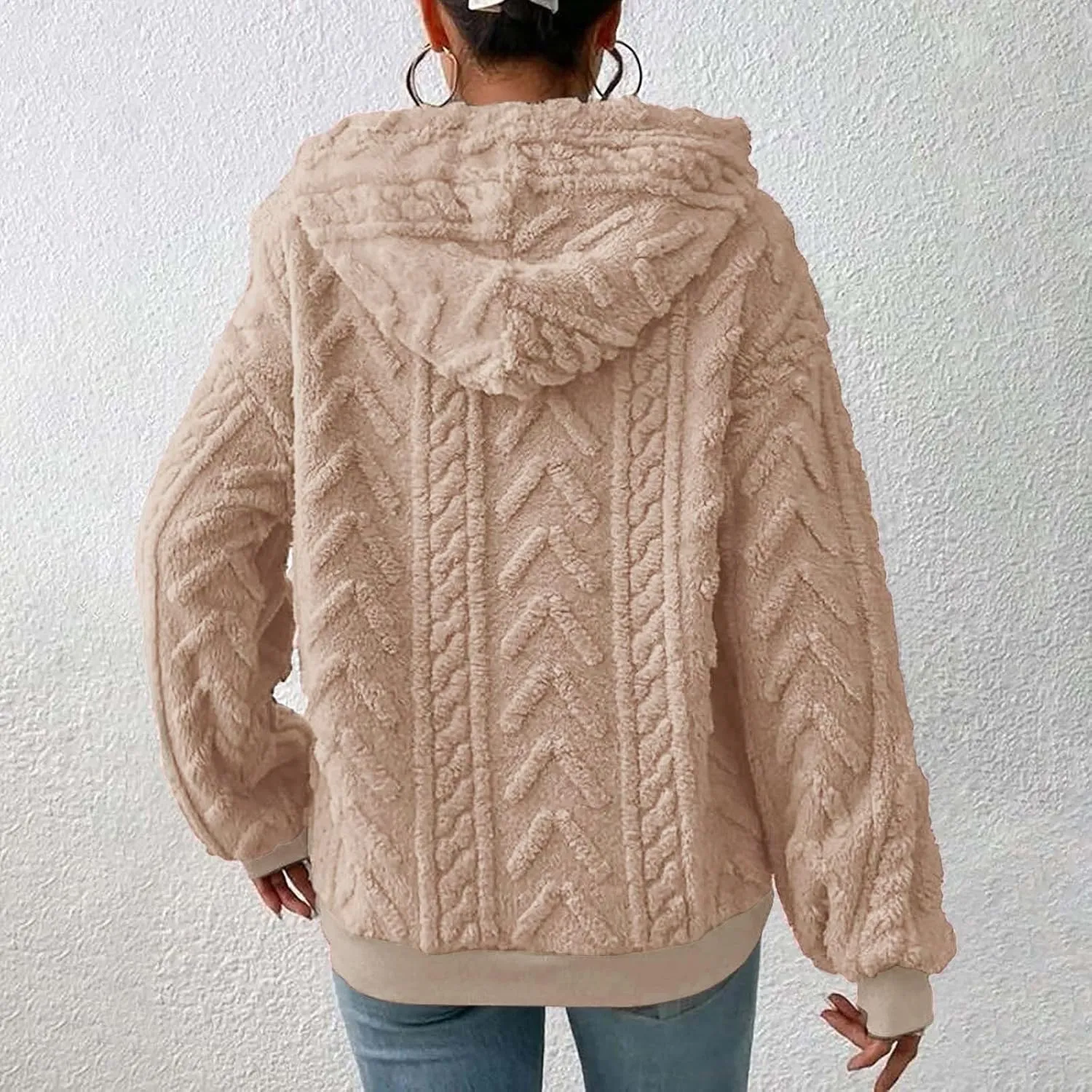 Women’s Slub Knit Full-Zip Hoodie Women's Solid Plush Spliced Women's New Long Sleeve Pullover Fall Outfits with