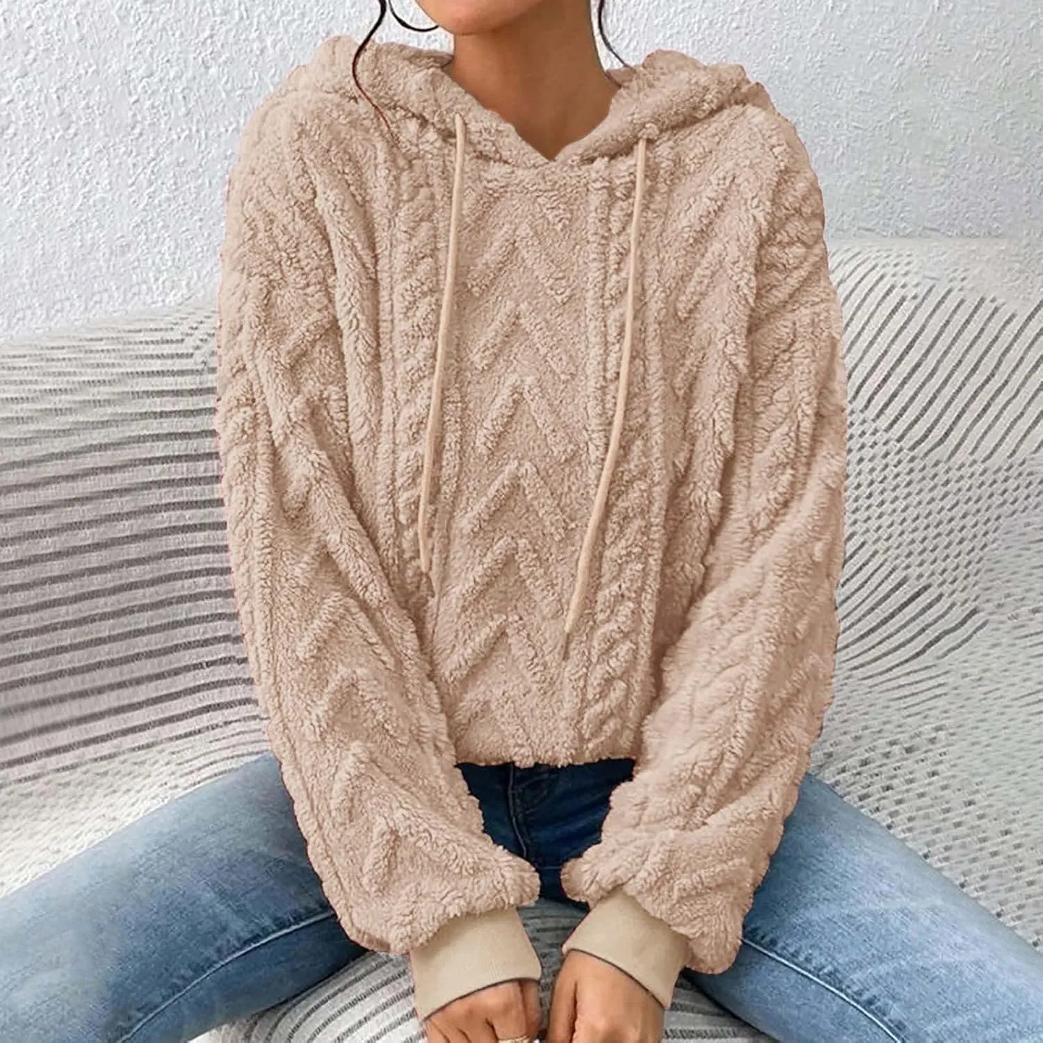 Women’s Slub Knit Full-Zip Hoodie Women's Solid Plush Spliced Women's New Long Sleeve Pullover Fall Outfits with