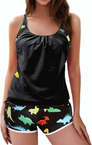 Women's Tankini Bathing Suit Tummy Control Two Piece Graphic Swim Tank Top with Boyshorts Ladies Plus Size Swimwear