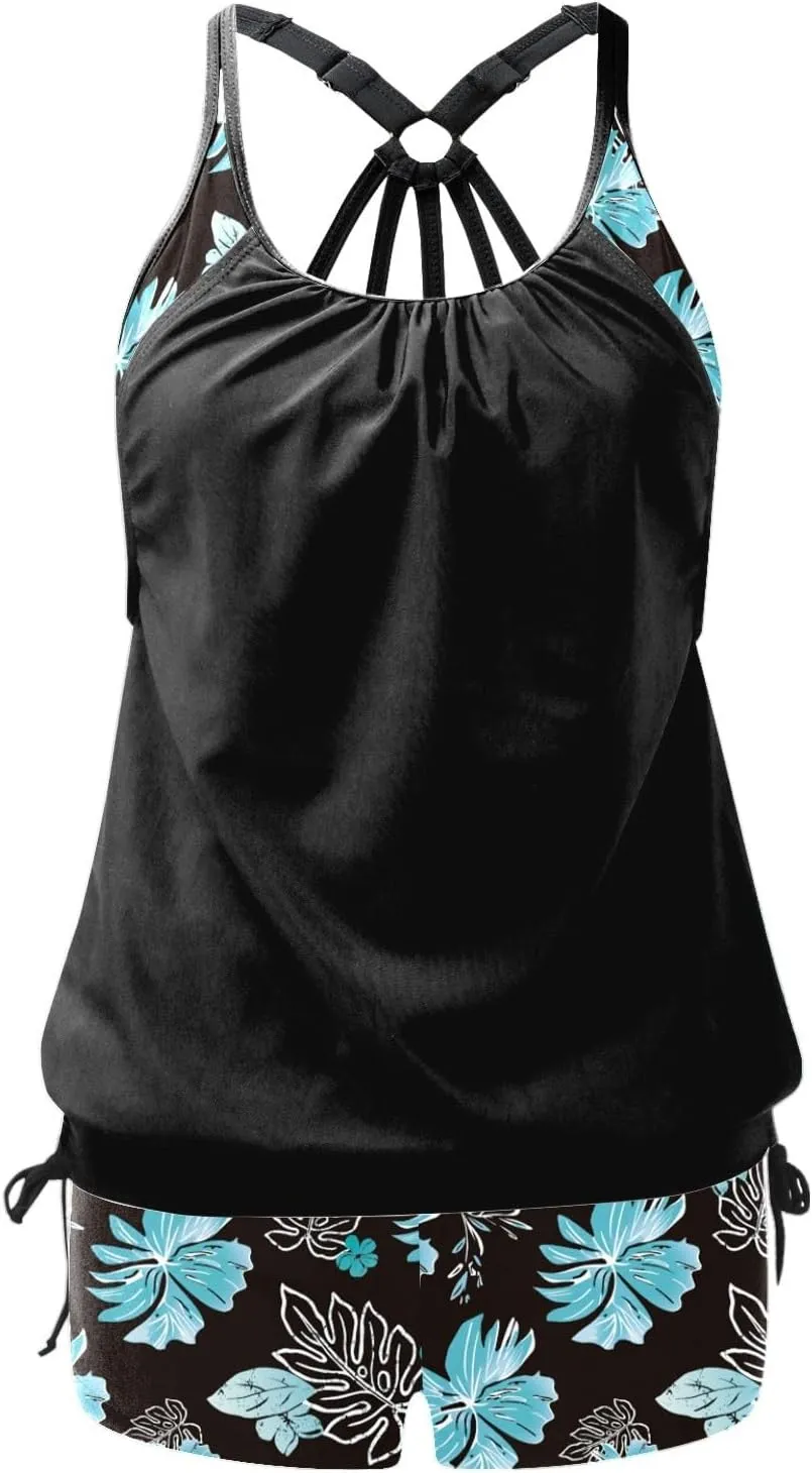 Women's Tankini Bathing Suit Tummy Control Two Piece Graphic Swim Tank Top with Boyshorts Ladies Plus Size Swimwear