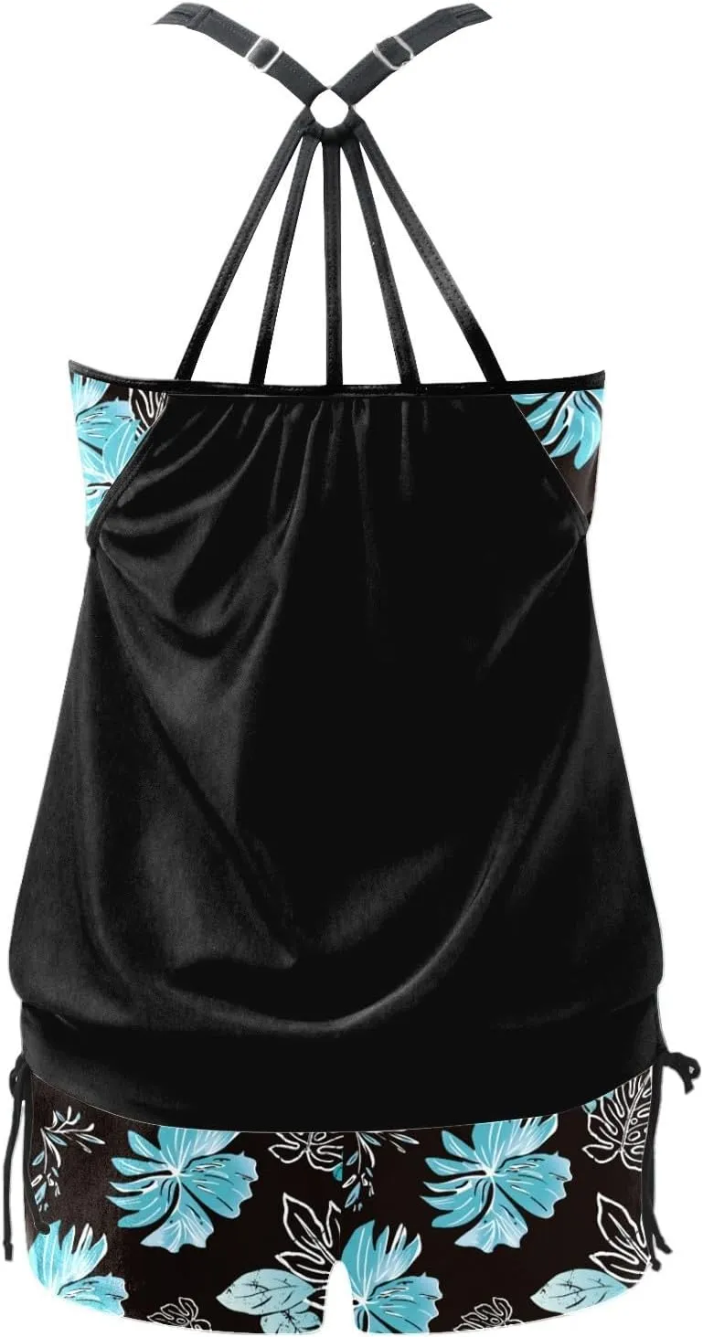 Women's Tankini Bathing Suit Tummy Control Two Piece Graphic Swim Tank Top with Boyshorts Ladies Plus Size Swimwear