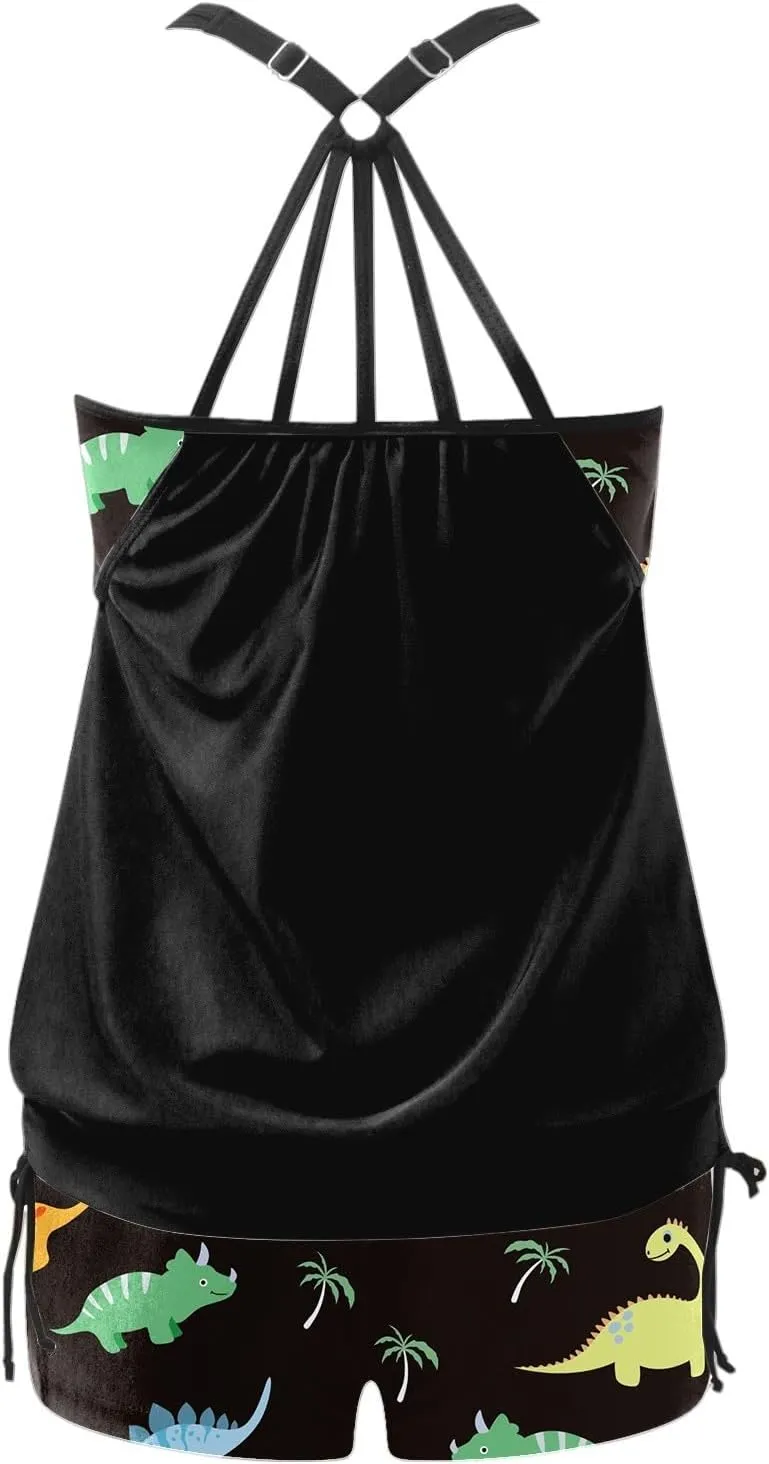Women's Tankini Bathing Suit Tummy Control Two Piece Graphic Swim Tank Top with Boyshorts Ladies Plus Size Swimwear