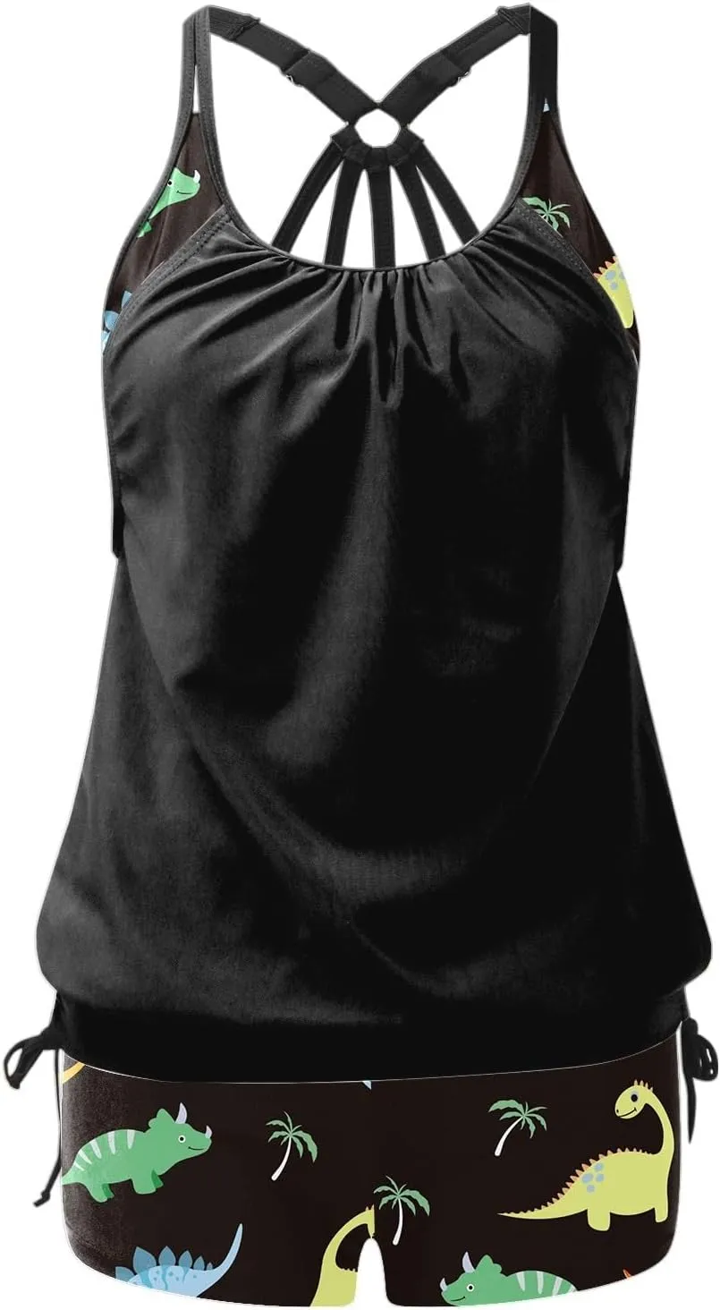 Women's Tankini Bathing Suit Tummy Control Two Piece Graphic Swim Tank Top with Boyshorts Ladies Plus Size Swimwear