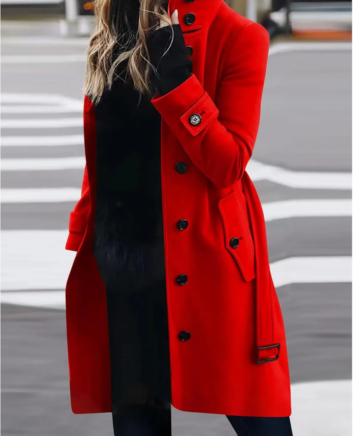 Womens Trench Coat Single Breasted Belted Coats Oversized Thick Warm Outerwear Stand Collar Winter Wool Blend Outwear