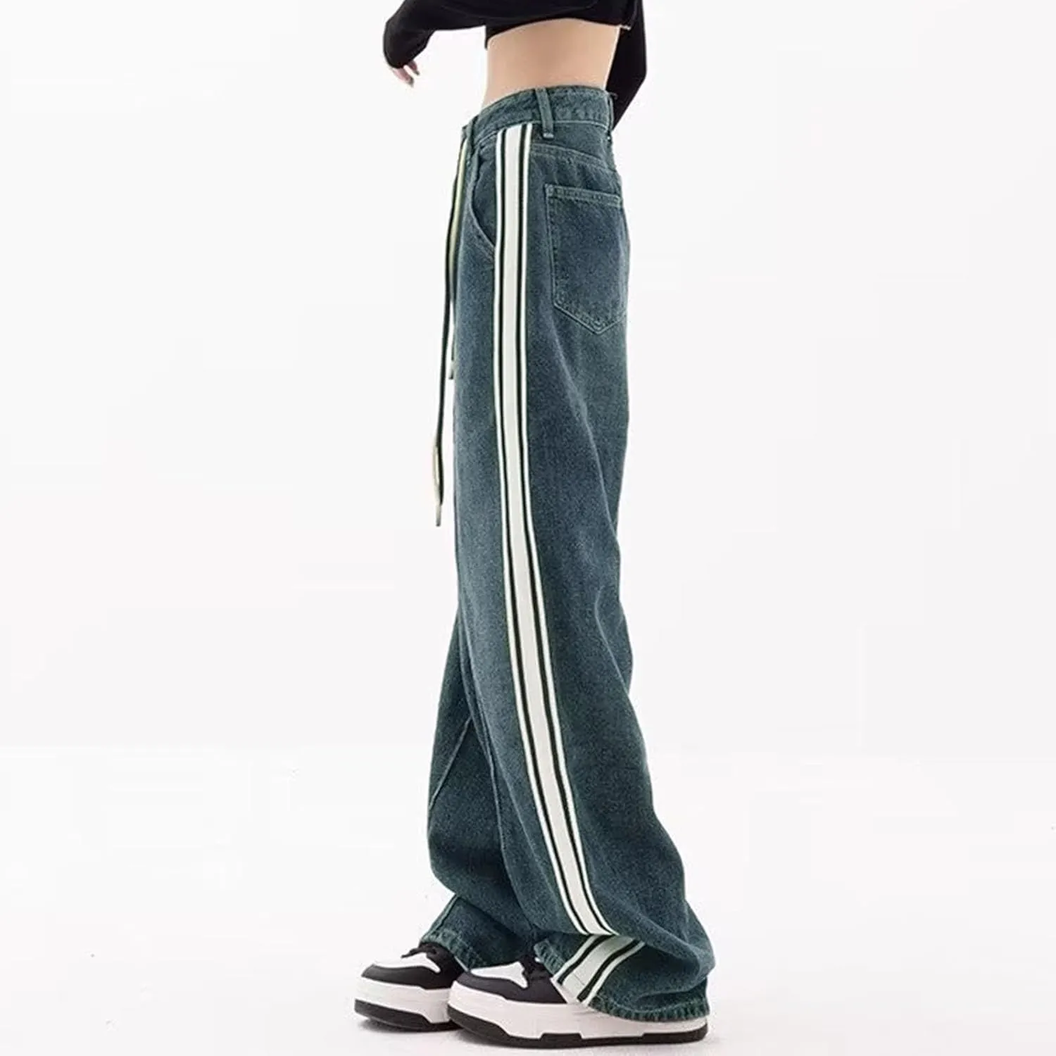 Women's Wide Leg Jeans Casual High Waisted Trendy Straight Leg Stretch Cropped Trousers Y2k Denim Pants with Pockets