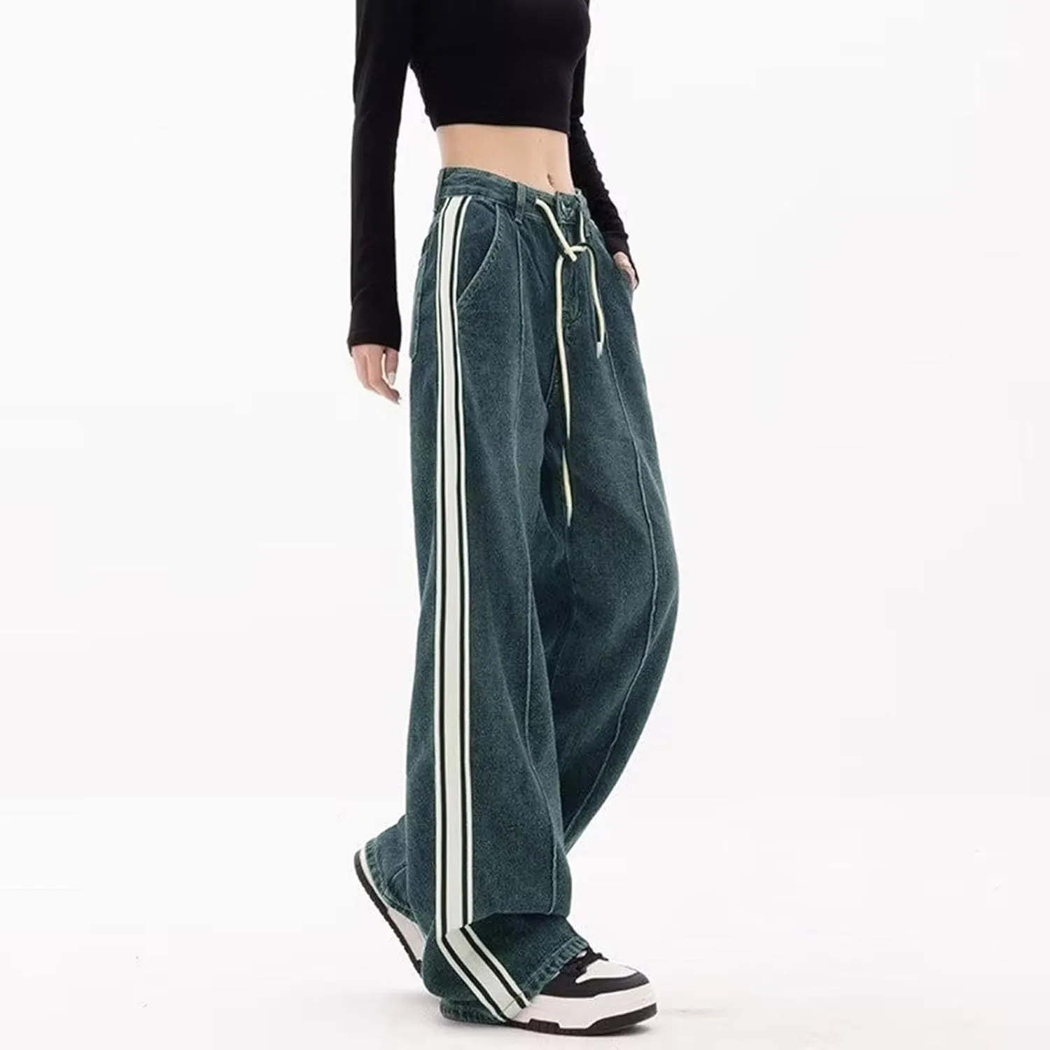 Women's Wide Leg Jeans Casual High Waisted Trendy Straight Leg Stretch Cropped Trousers Y2k Denim Pants with Pockets