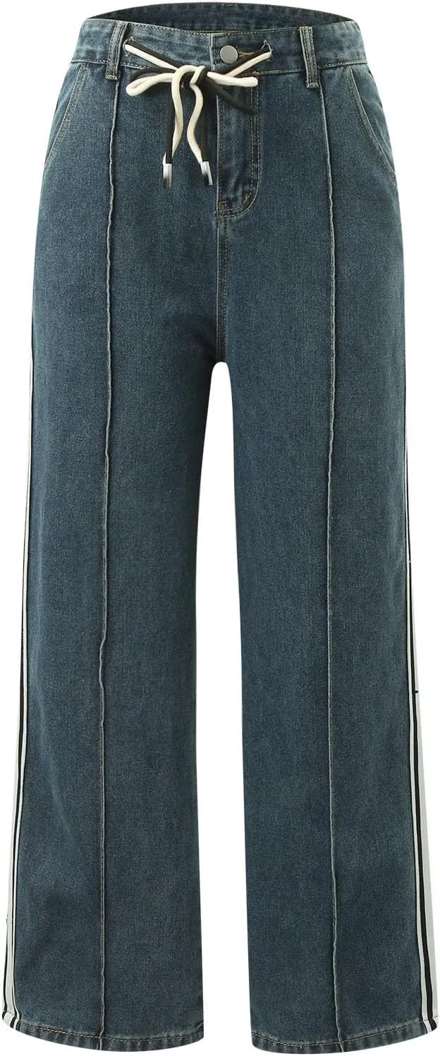 Women's Wide Leg Jeans Casual High Waisted Trendy Straight Leg Stretch Cropped Trousers Y2k Denim Pants with Pockets