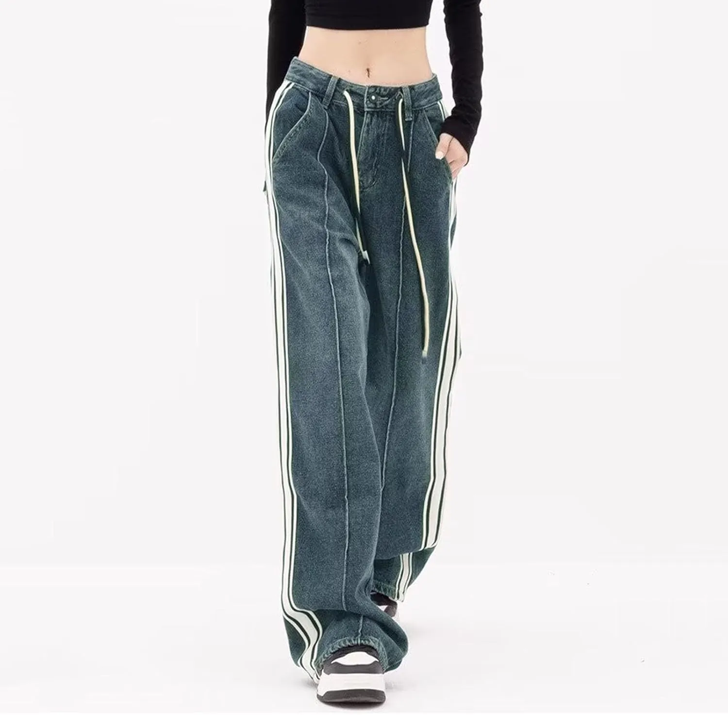 Women's Wide Leg Jeans Casual High Waisted Trendy Straight Leg Stretch Cropped Trousers Y2k Denim Pants with Pockets