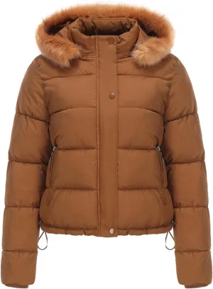 Women's Winter Hooded Cropped Coat Waterproof Down Jacket Warm Thicken Puffer Outwear with Removable Faux Fur Hood